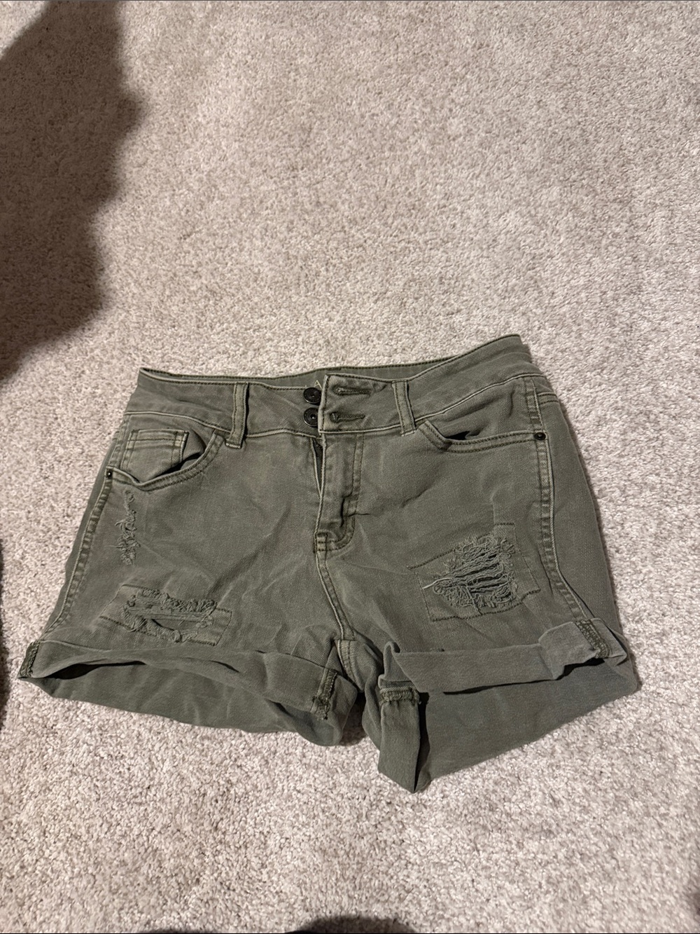 Vanilla Star Olive Green Distressed Cuffed Denim Shorts
